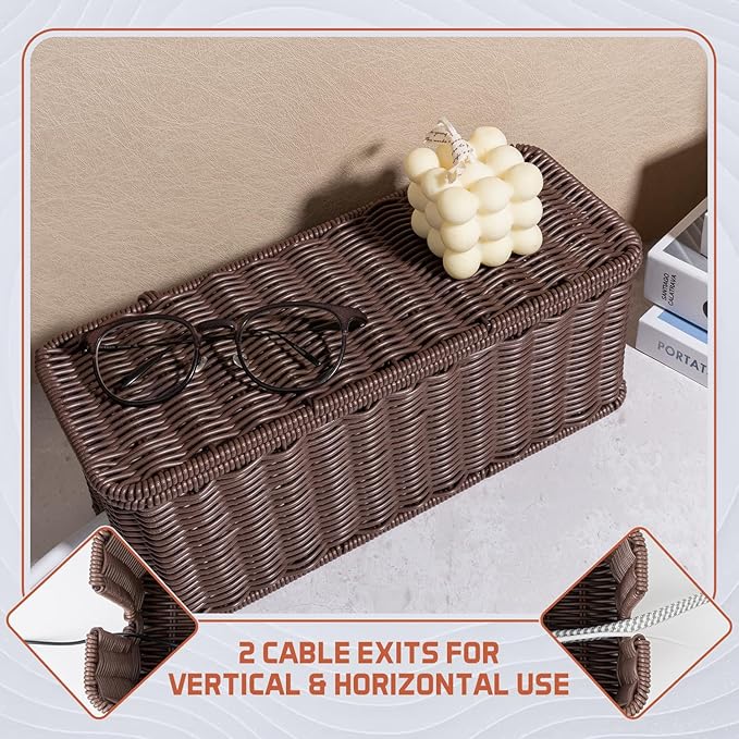 Cable Management Box, Handmade Rattan Cable Organizer with 2 Open Slots, Cord Hider for Power Strip, Router & USB Hub, Registered U.S. Design Patent (D1,112,102), 13" x 5.1" x 5.1", Brown