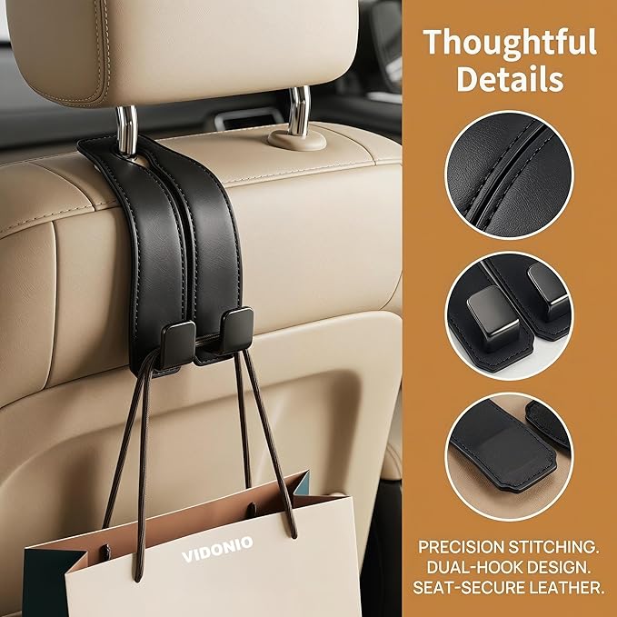 Vidonio Upgrade Leather Seat Back Double Hooks & Mobile Phone Holder - Car Organizer Purse Hook, Universal Hidden Multifunctional (Black, 2pcs)