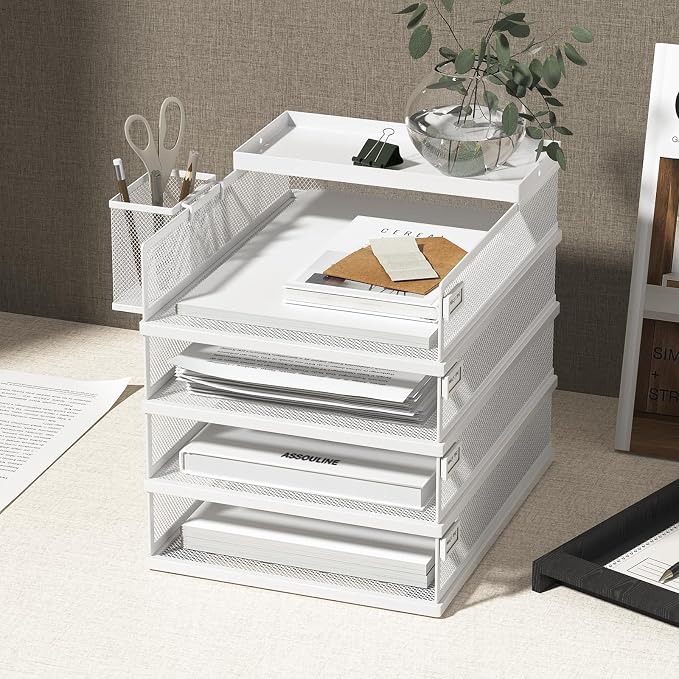 FANXIYQ Stackable Letter Trays, 4 Tier Metal Paper Tray & Desk Organizer, Stackable File Trays for Office & Home, Multi-Functional Document Tray with Fine Grid Design & Magnetic Labels,White