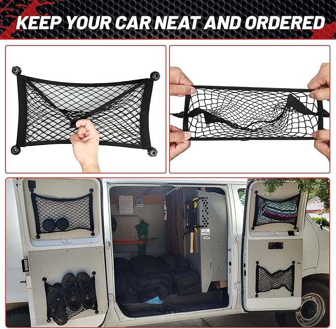 RED WOLF 2 Pcs Small Cargo Net Pocket Elastic Mesh Netting Car Mesh Pouch for Trunk RV Boats Home Cargo Storage with Screws and Hooks (17.7'' x 9.8'')