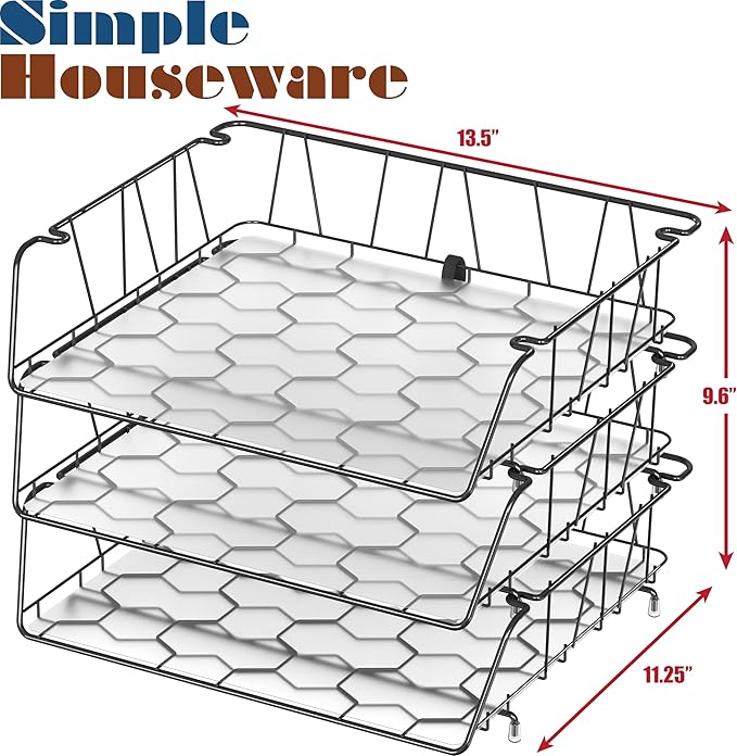 Simple Houseware Stackable Wide Entry Desk File Document Letter Tray with Liner, Wire Grid, 3 Packs, Black