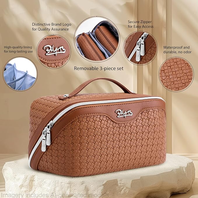 BOYATU Travel Makeup Bag Cosmetic Bags for Women: Large Capacity 3 Pcs Set Make up Bag with Compartments - Waterproof Vegan Leather Toiletry Organizer Bags with Handle (L53Brown)