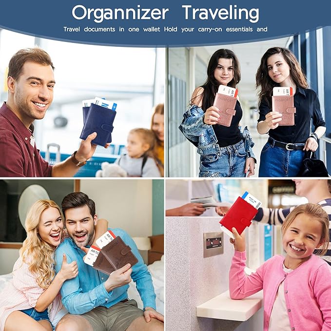 Passport Holder and Card Slot Combo RFID Blocking Leather Family Travel Passport Wallet Travel Accessories for Men Women US Passport Cover Protector (Travel blue)