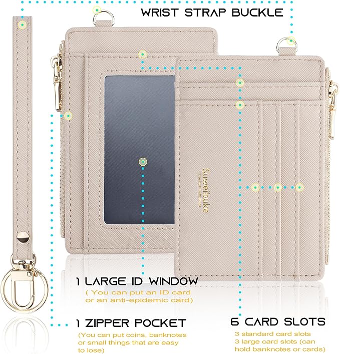 Wikavanli Women Slim Rfid Blocking Credit Card Case Holder Wristlet Zip ID Case Wallet Small Compact Leather Wallet Coin Purse with Keychain (Off-White)