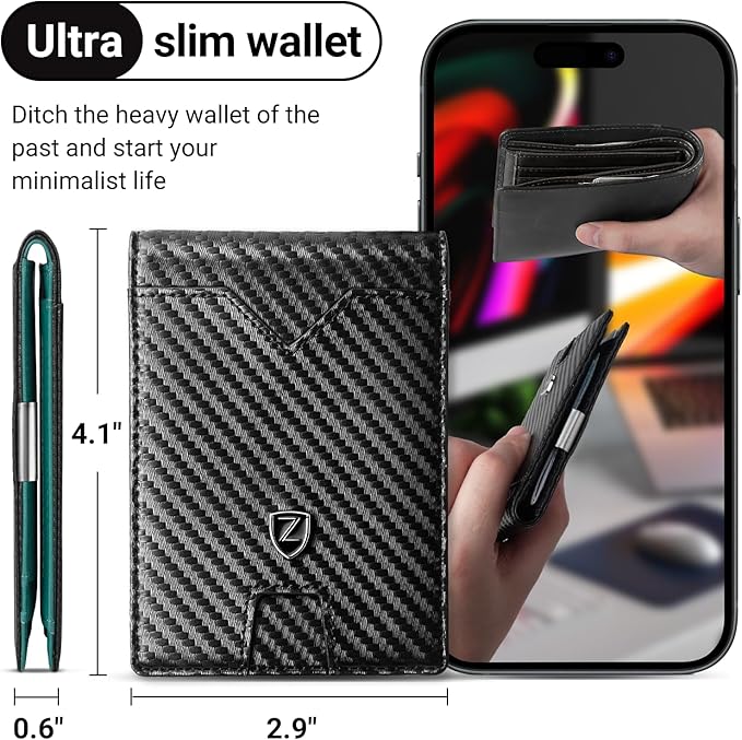 Zitahli Slim Wallet for Men with Money Clip, Minimalist Front Pocket RFID Blocking Leather Wallets Bifold Credit Card Holder, 11 Card Slots and ID Window with Gift Box