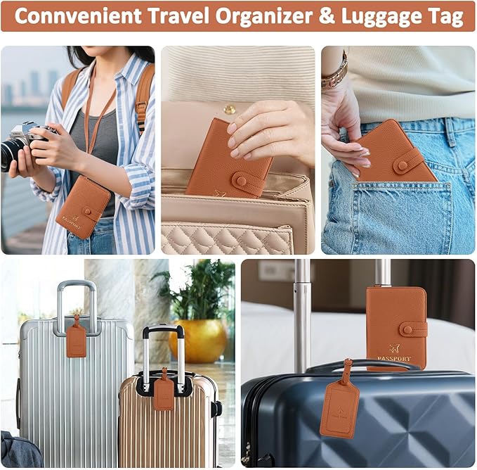 Boutilon Leather Passport Holder Covers Case with Neck Lanyard and Luggage Tag Waterproof RFID Blocking Travel Wallet Solid Color Passport Organization for Women and Men (Caramel Brown)