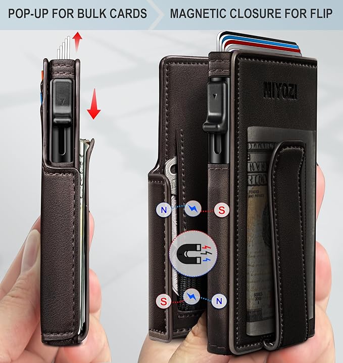 miyozi Men Wallet,with Money Clip Coins Pocket ID Window,Slim Front Pocket RFID Blocking Pop-up Card Holder 3.9"x 2.7", Gift Boxed