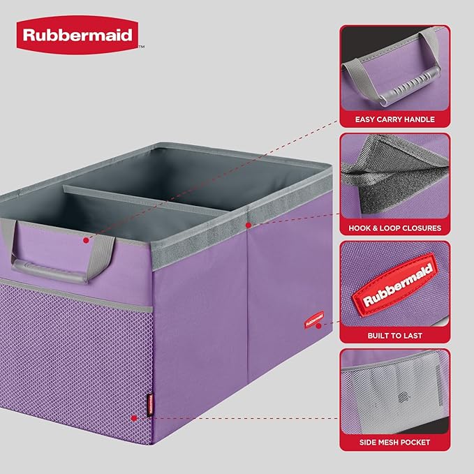 Rubbermaid Car Organizer, Collapsible Trunk Organizer, Multi-Compartment Car Storage Organization for Car Accessories, 2 Compartments With Cover, 21.65"*14.17"*12.2" - Purple