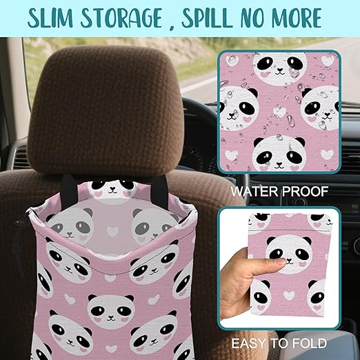 Car Garbage Bag Cute Panda and Heart Drawstring Car Trash Bag Hanging for Back Seat with Adjustable Buckle Canvas Vehicle Trash Can Easy-to-Install