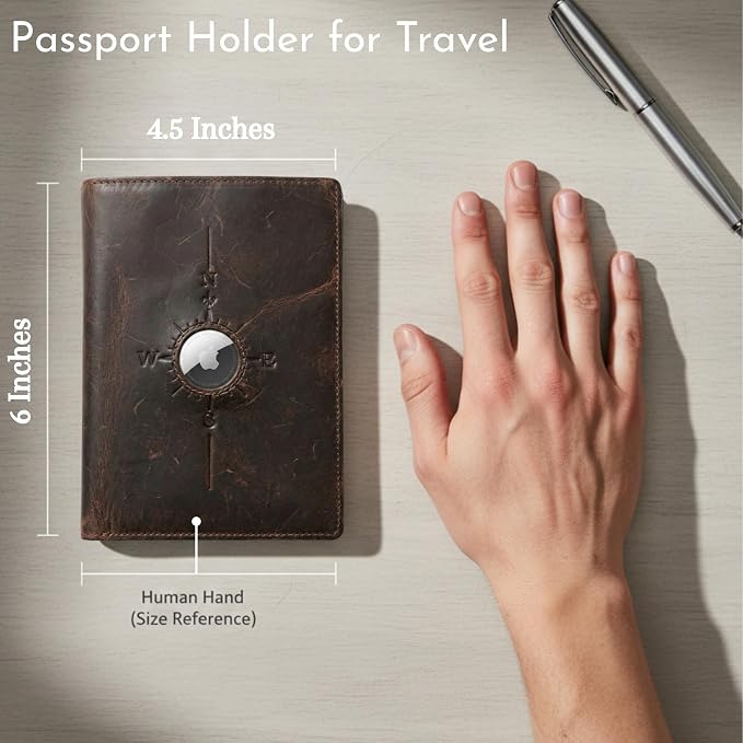 SETTINI Genuine Leather Passport Holder for Travel with AirTag Slot — RFID Blocking Passport Wallet, Find My Compatible, 6 Card Slots & ID Window, Compass Design, Gift Box (AirTag Not Included)
