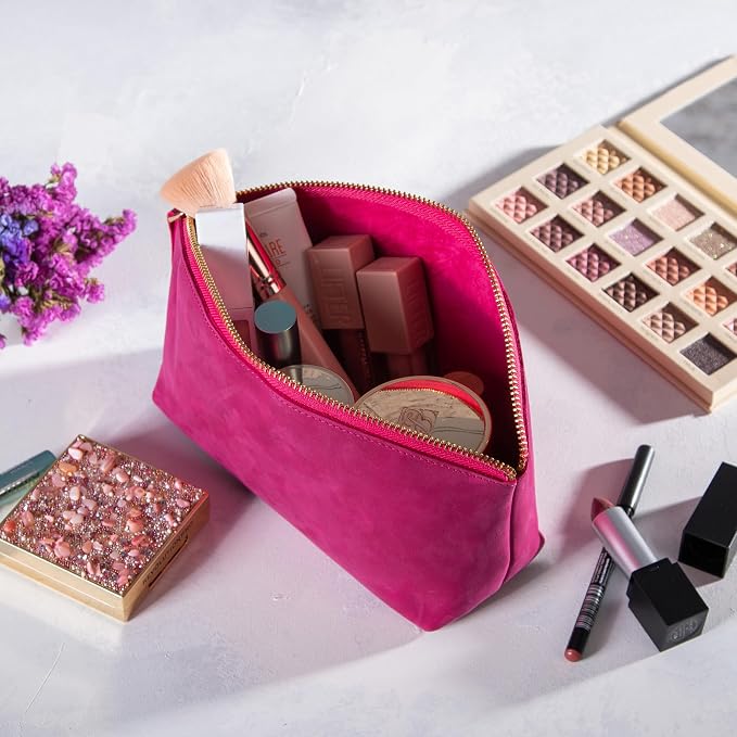 Blade Premium Personalized Genuine Leather Cosmetic Makeup Bag - Wedding Gift for Bridesmaid, Travel Organizer Clutch for Women with Zipper Pouch for Toiletry Essentials (Fuchsia)