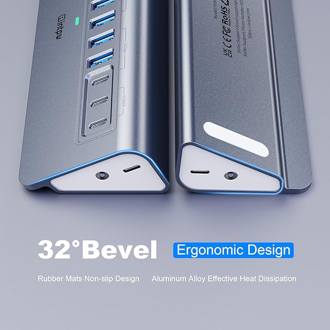 Powered USB Hub 10Gbps, intpw YH9AC 12-Port USB Splitter with USB A/USB C 3.2, 7 USB 3.0, 2 PD 45W Charging Ports, 65W Power Adapter + 3.3FT Cable, Aluminum USB Extender Hub for Laptop/PC/iPhone 16/15