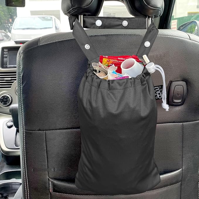 Waterproof Car Trash Bag Reusable Portable Garbage Can with Drawstring Top Adjustable Hanging Strap Leakproof & Washable for Cars SUVs & Trucks (Black)