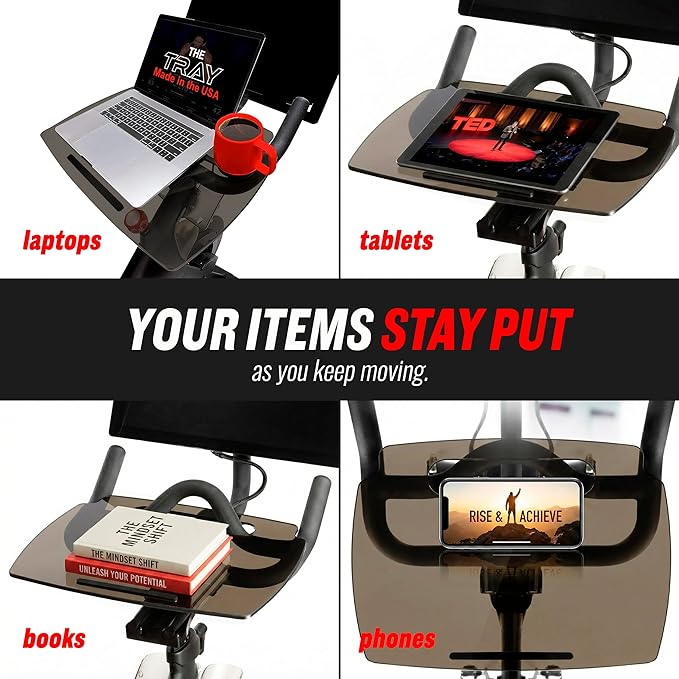TFD The Tray Original for Peloton Bike Original Models, Angled Acrylic Desk Tray with Rubber Grip Insert for Laptop, Tablet, Phone, and Books, Work or Read While Riding, Dark Acrylic