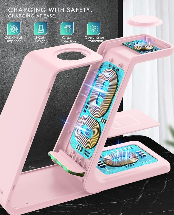 3 in 1 Wireless Charging Station, 2026 Upgraded Fast Desk Charger Station for iPhone 17 16 15 14 13 12 Pro Max Plus, Charger Stand for Apple Watch 10 9 8 7 6 5 4 3 2 SE, Airpods 4 3 2 Pro(Pink)