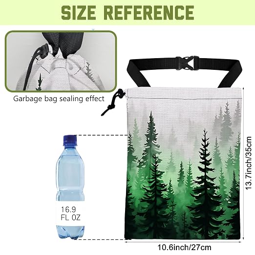 Car Trash Bag Misty Green Pine Forest Leak-Proof Waterproof Car Garbage Bag with Drawstring Foldable Canvas Trash Bin with Adjustable Buckle for Car Accessories