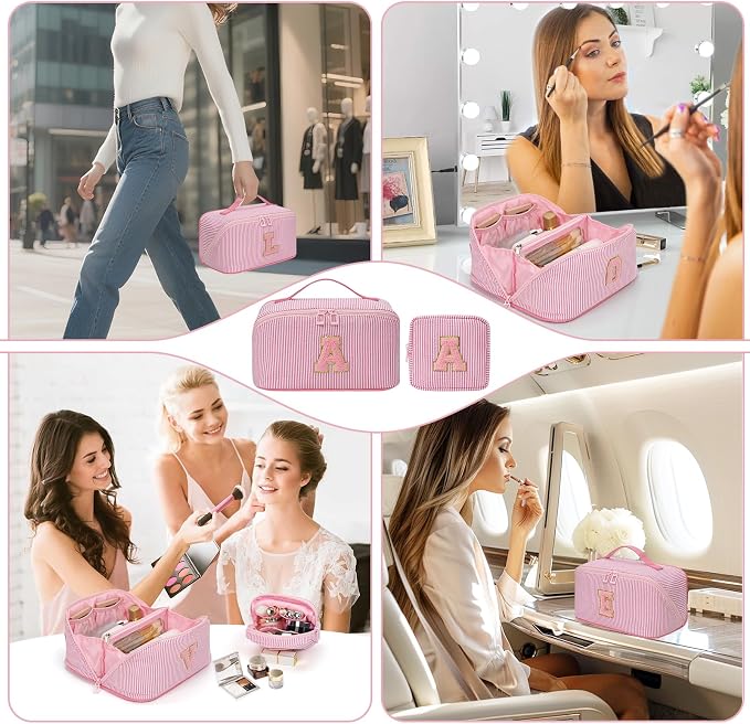 2026 Graduation Gifts - Travel Makeup Bag for Women, 2Pcs Portable Personalized Initial Makeup Organizer Bag, Open Flat Large Cosmetic Bag With Travel Essential Pouch (Pink Letter E)