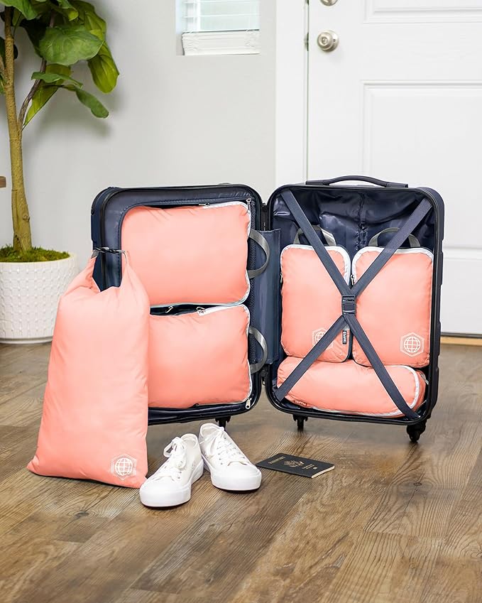 Compression Packing Cubes for Travel, 6-Piece Lightweight Packing Cubes Set for Carry-On Luggage & Backpacks – TRIPPED Travel Gear (Coral Bloom)