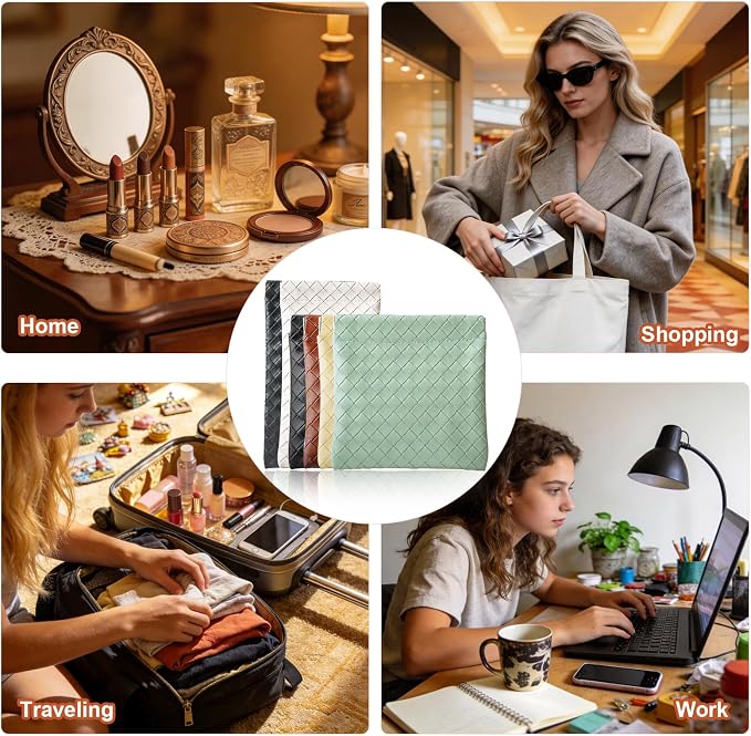 6 Pack 2 Sizes Small Makeup Bag for Purse, Woven Snap Closure Pouches for Purse, Soft Leather Coin Purse for Women, Mini Travel Organizer for Cosmetics Sunglasses Cash Cards Lip Gloss Lipstick