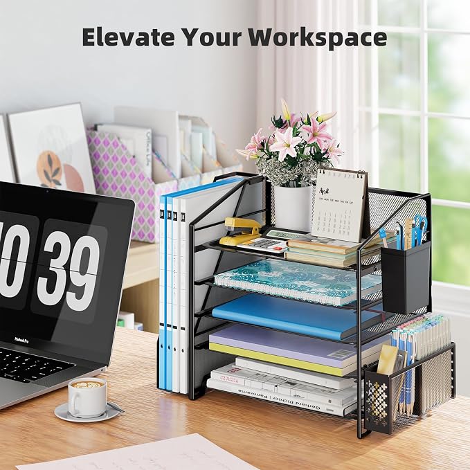 Simple Trending Desk Organizers and Accessories, 5-Tier Desk File Organizer, Paper Letter Tray Organizer with File Holder and Pen Container, Black