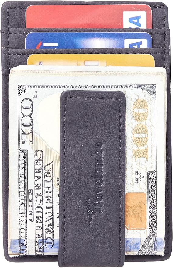 Travelambo Money Clip for Men Magnetic Front Pocket Wallet Slim Wallet Minimalist Card Holder RFID Blocking (Black Smooth)