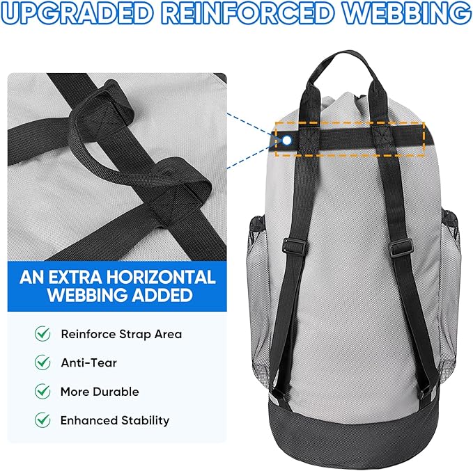 BALEINE 2PK 150L Laundry Bag Backpack, 900D Oxford Fabric Large Travel Laundry Bags with Shoulder Straps and 2 Mesh Pockets for College Dorm, Apartment, Laundromat (Gray, 150L)