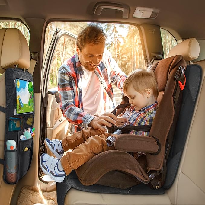 Siivton 2-in-1 Car Seat Protector & Kick Mat with iPad Holder - Kids Backseat Organizer with Touchscreen Pocket, Storage Pockets & Waterproof Cover for Child Safety and Mess-Free Rides