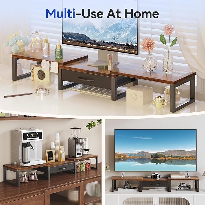 Desk Organizers and Accessories, Dual Monitor Stand Riser with Drawer, Computer Monitor Stand, Adjustable Desk Shelf for PC Laptop Printer TV, Brown