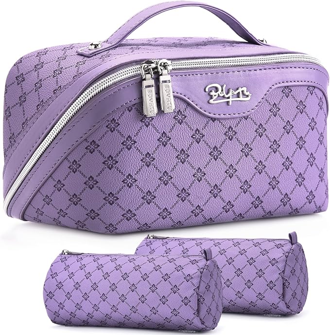 BOYATU Travel Makeup Bag Cosmetic Bags for Women: 3 Pcs Set Large Capacity Make up Bag with Handle - Vegan Leather Toiletry Bags with Compartments - Makeup Organizer for Travel Essentials(A-9-Purple)