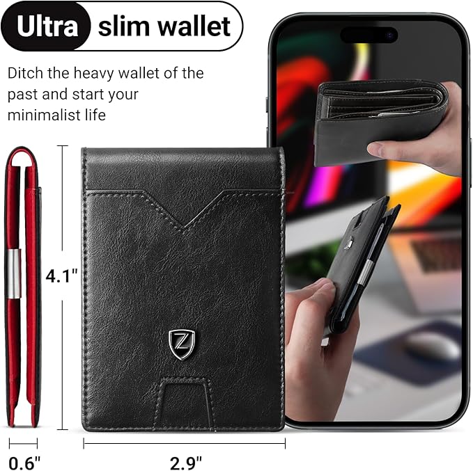 Zitahli Slim Wallet for Men with Money Clip, Minimalist Front Pocket RFID Blocking Leather Wallets Bifold Credit Card Holder, 11 Card Slots and ID Window with Gift Box