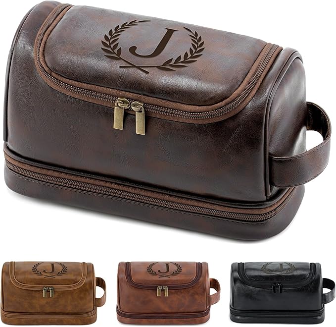 Personalized Christmas Birthday Gifts Toiletry Bag for Men Dad Husband, Custom Initial PU Leather Waterproof Toiletry Organizer Dopp Kit Shaving Bag Travel Essential for Men, Dark Brown J