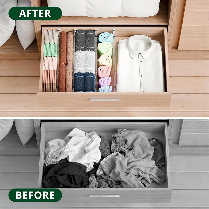 Clear Drawer Dividers Organizers, Adjustable Expandable Drawer Divider Organizer for Clothes, Dresser, Kitchen & Office Drawers, Acrylic Drawer Separators for Bedroom Storage, 4-Pack, Clear Plastic