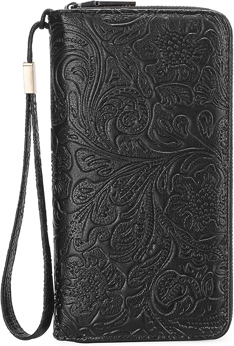 GOIACII Women's Wallet Wristlet Ladies Phone Purse RFID Blocking Large Card Holder Double Zip Grip Strap Vegan Leather