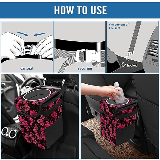 Car Trash Can Rose Pink Butterflies Auto Garbage Bag Car Trash Can with Lid Leak-Proof Car Storage Bag Auto Garbage Bag Hanging for Headrest Collapsible and Portable with Storage Mesh Pocket
