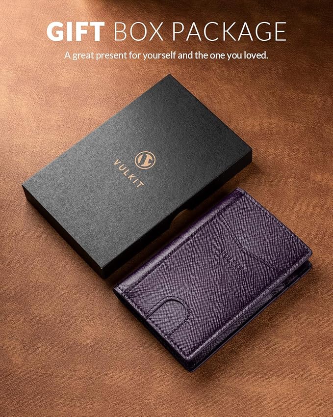 VULKIT Bifold Front Pocket Slim Wallet RFID Blocking Minimalist Thin Leather Credit Card Holder Wallet for Men and Women Cross Wine