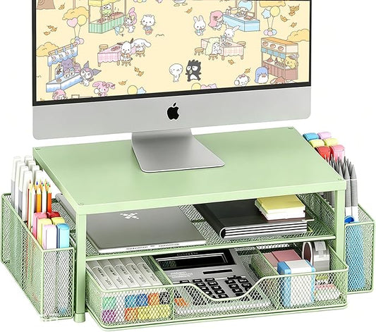 OPNICE Desk Organizers and Accessories, 2-Tier Computer Monitor Stand Riser with Drawer and 2 Pen Holders, Laptop Stand, Office Desk Accessories for Office Supplies, Green