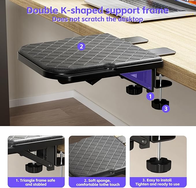 Arm Rest for Desk, 90°Foldable Computer Wrist Rest Shelf with Sponge Padding, Clamp on Arm Support, Ergonomic Sturdy Desk Extender for Office & Home, Durable & Easy to Install (All Black)