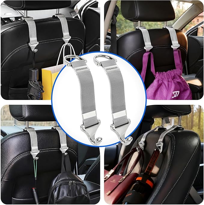 Car Seat Headrest Hooks,Suitable for Car Headrest Purse Hook,Alloy Braided Chain Storage Hook,Seat Headrest Hanging Interior Organizing Car Accessories 2 Pack(Silver)