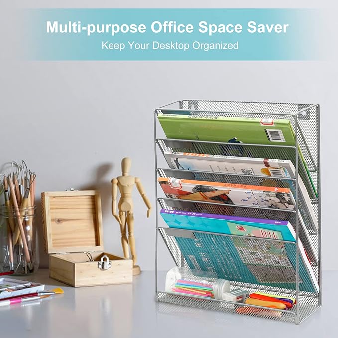 EasyPAG 5 Tier Wall File Holder, Mesh Hanging Folder Organizer with Classify Label, Versatile Desk File Holder, Vertical Wall Mounted Mail Organizer for Office Home Cubicle, Silver