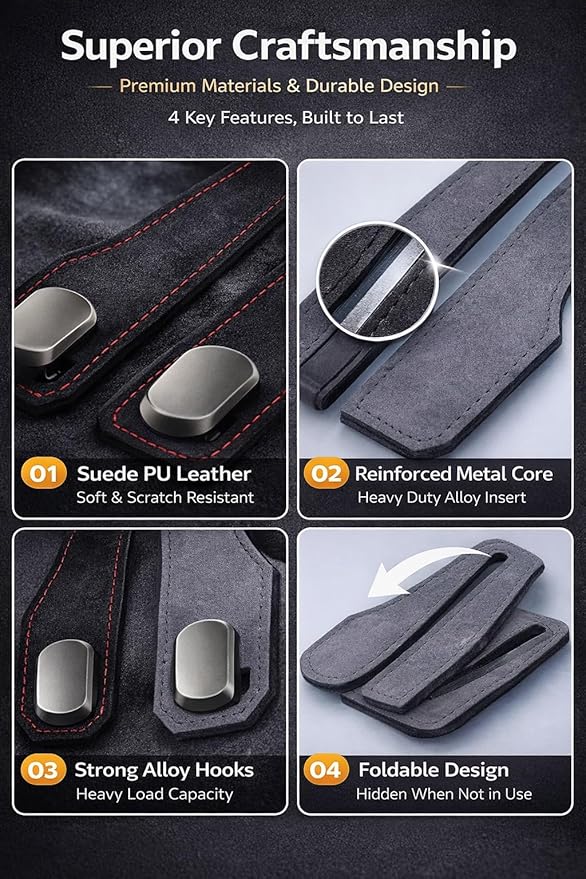 Car Headrest Hook 2 Pack, Premium Leather Car Purse Hooks, Heavy Duty Seat Back Organizer for Handbags, Groceries & Bags, No Scratch, Easy Install Car Accessories (2, Grey)