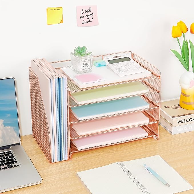 OPNICE Desk Organizer, 5-Tier Paper Organizer Letter Tray with Magazine Holder, Office Desk Accessories & Workspace Organizers, Desktop File Organizer for Office Supplies Storage, Rose Gold