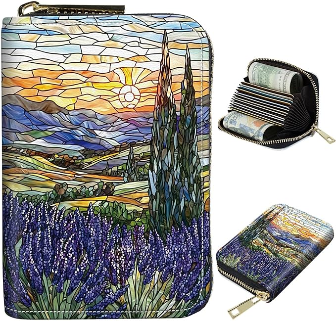 Cute Credit Card Holder with Zipper, Stained Glass Lavender RFID-Blocking Card Case Small Wallet for Women Men, Multi-slot Card Organizer Case Travel Accordion Wallet