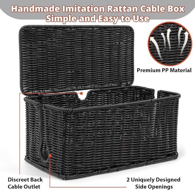 ZhiYo Rattan Cable Management Box, Black Desk Cord Organizer, 2 Pack (M&L) | Handwoven black imitation rattan cord hider box conceals power strips and cables for a clean desk or floor setup