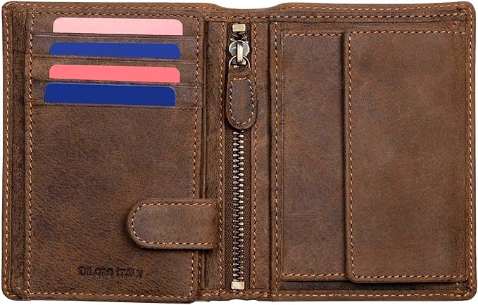 DiLoro Mens Full Size Large Capacity Genuine Full Grain Leather Wallet Bifold Flip ID Coin & Zip Pockets RFID Blocking Anti-Theft (Dark Hunter Brown)