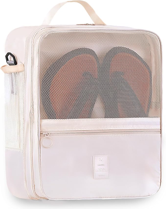 Large Shoe Bags for Travel Holds 4 Pair of Shoes, Shoe Storage Pouch with 3 Layers Compartments, Waterproof & Washable (Cream)