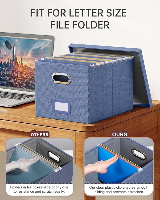 Oterri 2 Pack File Storage Organizer, Document Organizer, Portable File Box with Lid, Fit for Letter/Legal File Folder Storage,Blue-Box only