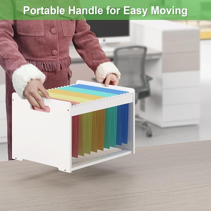 Hanging File Organizer Box for Letter Size, 2 Pack Bamboo File Folder Organizer, Storage Moving Boxes with Handle Wood Desk Filing Box for Office Banker Document