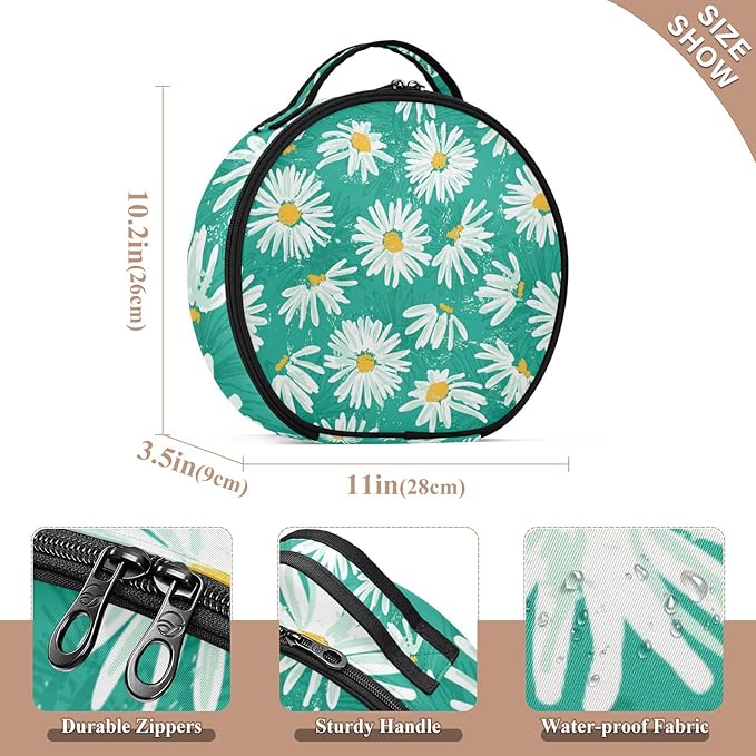 senya Round Cosmetic Pouch Travel Makeup Train Case Green Chamomile Makeup Organizer Bag with Adjustable Dividers Portable for Cosmetics Makeup Brushes Toiletry Jewelry Accessories