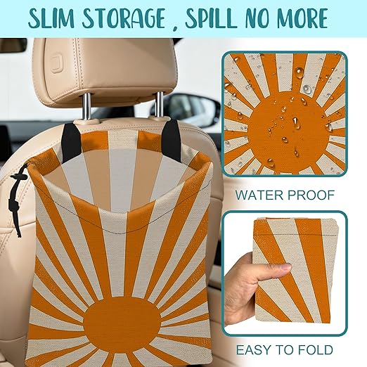 Car Trash Bag Retro Orange and White Sunray Leak-Proof Car Garbage Bag with Drawstring Foldable Canvas Trash Bin with Adjustable Buckle for Car Accessories, Travelling, Camping