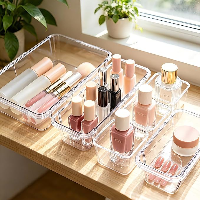 14 pcs Expandable Drawer Organizer Set, Adjustable Acrylic Drawer Dividers, 3 Sizes Storage Bins for Makeup, Vanity, Desk, Kitchen, Bathroom & Dresser Organization (4Large+4 Medium+6 Small)